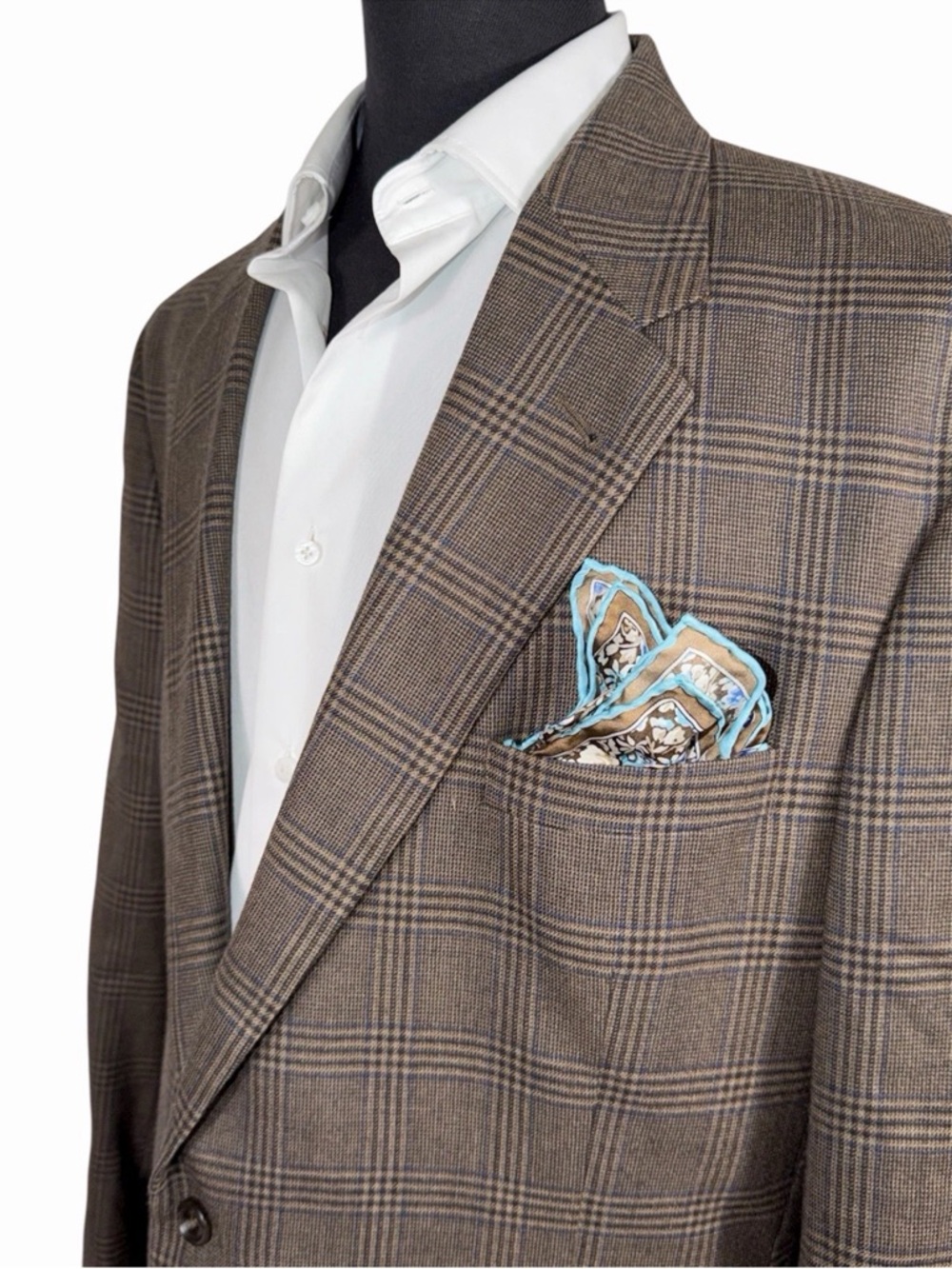 JOS A BANK BROWN BLUE WINDOWPANE LIGHT FLANNEL SPORT COAT SZ 46L